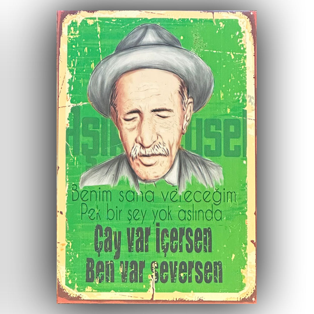 Aşık Veysel Çay Var Retro Ahsap Posteri