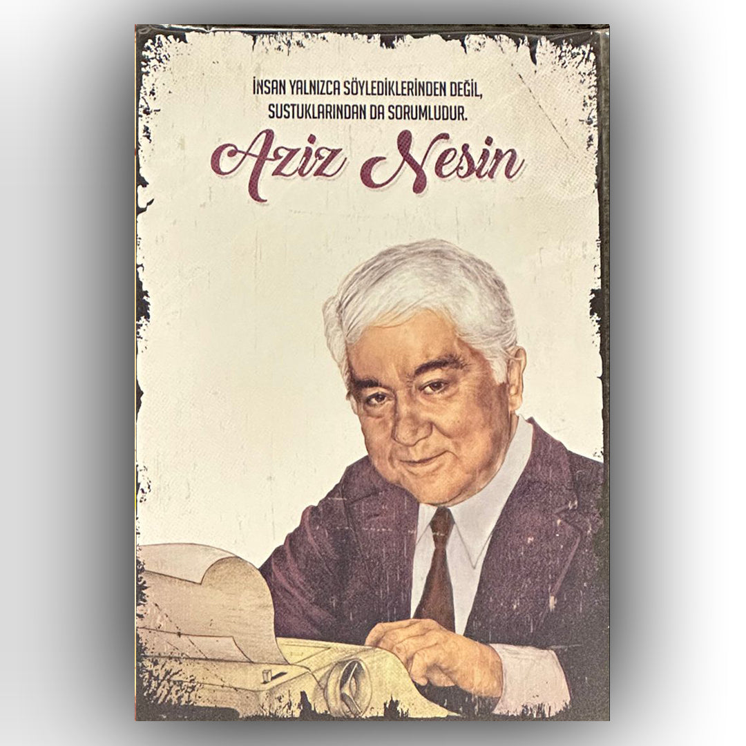 Aziz Nesin Retro Ahsap Posteri