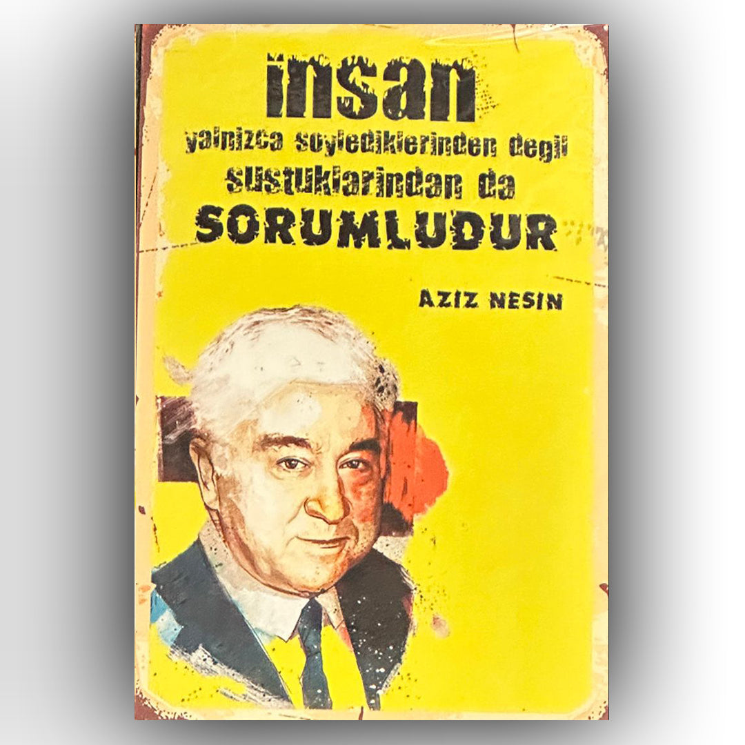 Aziz Nesin İnsan Retro Ahsap Posteri